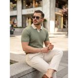 Pileli Store Erkek Yaka Detaylı Desen Dokulu Triko Tişört - Çağla Yeşili - 2XL
