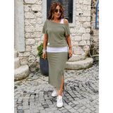 Pileli Store Kadın Askılı Yuvarlak Yakalı Viskon Bluz ve Tek Omuzdan Açık Viskon Iki Iplik Bluz ve Etek Ü� - Haki - Regular Fit - 2XL - 3XL
