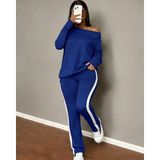 Pileli Store Kadın Tek Omuzdan Açık Uzun Kollu Viskon Iki Iplik Bluz ve Yan Şerit Detaylı Pantolon Ikili Tak - Lacivert - Regular Fit - S - M