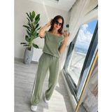 Pileli Store Kadın Tek Omuzdan Açık Yan Şerit Detaylı Viskon Iki Iplik Bluz ve Pantolon Ikili Takım - Yeşil - Regular Fit - 2XL - 3XL
