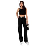 Pileli Yüksek Bel Kemerli Kumaş Pantolon – Elegant, siyah, m