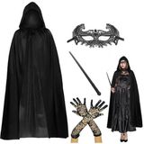 pilelistore 120 cm Kapüşonlu Siyah Pelerin + Asa + Dantel Maske + Uzun Dantel Siyah Eldiven Kostüm S