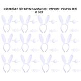 pilelistore Beyaz Tavşan Kostüm Seti – Taç, Papyon, Kuyruk (12’li Paket)