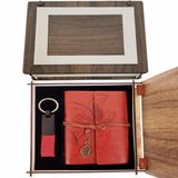 Pilelistore Özel Ahşap Kutulu Kahve Deri Defter ve Anahtarlık Set