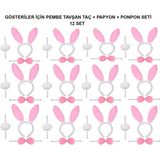 pilelistore Pembe Tavşan Kostüm Seti – Taç, Papyon, Ponpon (12’li Paket)