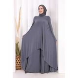 Pilise Detaylı Uzun Tunik Ve Pantolon İkili Takım 8575 Gri