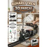 Pilli Buharlı Tren Seti - 30 Parça Işıklı Sesli Gerçek Duman Çıkaran Raylı Tren Oyuncağı