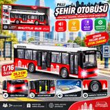 Pilli Şehir Otobüsü 1/16 Ölçek Sesli Işıklı Açılan Kapılı Gerçekçi Oyuncak Otobüs 28,3 Cm