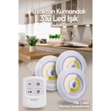 Pilli Uzaktan Kumandalı 3'lü Yapışkanlı Spot LED Işık Seti - Ahşap - Beyaz