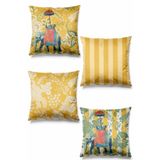 Pilloveland Çift Tarafı Baskılı Sarı Hint Fili Desenli 4'lü Süet Kırlent Kılıfı