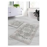 Pilloveland Kaymaz Taban Yıkanabilir 2’li Banyo Paspası - Gri Farmhouse Desenli 60*100 Cm - 50*60 Cm