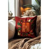 Pillow Dream Yılbaşı Temalı Harfli Küre Çam Ağacı Desenli Kırmızı Sarı Renklerde Dijital Baskılı Kırlent Kılıfı