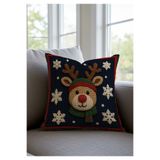 Pillow Home Punch Görünümlü Geyik ve Kar Tanesi Desenli Lacivert Yılbaşı Temalı Dijital Baskılı Kırlent Kılıfı