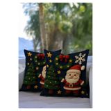Pillow Home Punch Görünümlü Noel Baba ve Çam Ağacı Desenli Yılbaşı Temalı Dijital Baskılı Kırlent Kılıfı 2li
