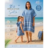 Pınars Anne Çocuk 2li Set Bornoz Panço %100 Pamuk Plaj Havlusu Peştemal Mavi (Anne S/m)