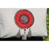Pine Püsküllü krem bordo ebruli Mandala ham keten omuz Çantası - 12M-Krem