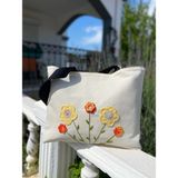 Pine Sarı /turuncu Örgü Çiçek Demeti Krem Bez Omuz Çantası - Krem Rengi
