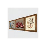 Pinecone Allah Lafzı, Kelebekli Çiçek, Nar Taş Duvar Tablosu - Ahşap Çerçeveli Taş Tablo - 25x25 cm - 3 Parça Set - Dekoratif Duvar Sanatı - Modern Ev ve Ofis Duvar Dekoru W3-1152