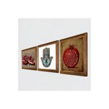 Pinecone Bereket Duası, Nar, Fatma Ana Eli (Hamsa) Taş Duvar Tablosu - Ahşap Çerçeveli Taş Tablo - 25x25 cm - 3 Parça Set - Dekoratif Duvar Sanatı - Modern Ev ve Ofis Duvar Dekoru W3-715