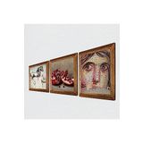 Pinecone Çingene Kızı Mozaiği, Leonardo da Vinci At Heykeli, Nar Taş Duvar Tablosu - Ahşap Çerçeveli Taş Tablo - 25x25 cm - 3 Parça Set - Dekoratif Duvar Sanatı - Modern Ev Duvar Dekoru W3-1296
