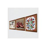Pinecone Çini Sanatı Lale, Leonardo da Vinci At Heykeli, Nar Taş Duvar Tablosu - Ahşap Çerçeveli Taş Tablo - 25x25 cm - 3 Parça Set - Dekoratif Duvar Sanatı - Modern Ev ve Ofis Duvar Dekoru W3-1317