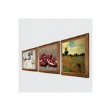 Pinecone Claude Monet Gelincikler, Leonardo da Vinci At Heykeli, Nar Taş Duvar Tablosu - Ahşap Çerçeveli Taş Tablo - 25x25 cm - 3 Parça Set - Dekoratif Duvar Sanatı - Modern Ev Duvar Dekoru W3-1335
