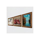 Pinecone Claude Monet Sonbahar, Leonardo da Vinci At Heykeli, Nar Taş Duvar Tablosu - Ahşap Çerçeveli Taş Tablo - 25x25 cm - 3 Parça Set - Dekoratif Duvar Sanatı - Modern Ev Duvar Dekoru W3-1337