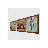 Pinecone Ebru Sanatı, Kelebekli Çiçek, Nar Taş Duvar Tablosu - Ahşap Çerçeveli Taş Tablo - 25x25 cm - 3 Parça Set - Dekoratif Duvar Sanatı - Modern Ev ve Ofis Duvar Dekoru W3-1183