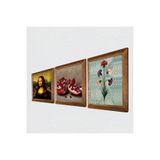 Pinecone Ebru Sanatı, Leonardo da Vinci Mona Lisa, Nar Taş Duvar Tablosu - Ahşap Çerçeveli Taş Tablo - 25x25 cm - 3 Parça Set - Dekoratif Duvar Sanatı - Modern Ev ve Ofis Duvar Dekoru W3-1440