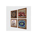 Pinecone Ebru Sanatı, Nazar, Sri Yantra, Nar Taş Duvar Tablosu - Ahşap Çerçeveli Taş Tablo - 25x25 cm - 4 Parça Set - Dekoratif Duvar Sanatı - Modern Ev ve Ofis Duvar Dekoru W4-1035