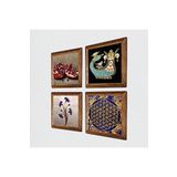Pinecone Ebru Sanatı, Yaşam Çiçeği, Şahmeran, Nar Taş Duvar Tablosu - Ahşap Çerçeveli Taş Tablo - 25x25 cm - 4 Parça Set - Dekoratif Duvar Sanatı - Modern Ev ve Ofis Duvar Dekoru W4-772