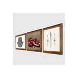 Pinecone Elif, Nar, Fatma Ana Eli (Hamsa) Taş Duvar Tablosu - Ahşap Çerçeveli Taş Tablo - 25x25 cm - 3 Parça Set - Dekoratif Duvar Sanatı - Modern Ev ve Ofis Duvar Dekoru W3-735
