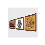 Pinecone Felak Suresi, Nar, Fatma Ana Eli (Hamsa) Taş Duvar Tablosu - Ahşap Çerçeveli Taş Tablo - 25x25 cm - 3 Parça Set - Dekoratif Duvar Sanatı - Modern Ev ve Ofis Duvar Dekoru W3-766