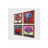 Pinecone Fil, Hayat Ağacı, Nar Ağacı, Nar Taş Duvar Tablosu - Ahşap Çerçeveli Taş Tablo - 25x25 cm - 4 Parça Set - Dekoratif Duvar Sanatı - Modern Ev ve Ofis Duvar Dekoru W4-877