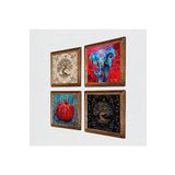 Pinecone Fil, Hayat Ağacı, Nar Taş Duvar Tablosu - Ahşap Çerçeveli Taş Tablo - 25x25 cm - 4 Parça Set - Dekoratif Duvar Sanatı - Modern Ev ve Ofis Duvar Dekoru W4-851