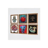 Pinecone Fil, Hayat Ağacı, Şahmeran, Nar Ağacı, Nar, Fatma Ana Eli (Hamsa) Taş Duvar Tablosu - Ahşap Çerçeveli Taş Tablo - 25x25 cm - 6 Parça Set - Dekoratif Duvar Sanatı - Ev Duvar Dekoru W6-67