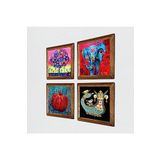 Pinecone Fil, Hayat Ağacı, Şahmeran, Nar Taş Duvar Tablosu - Ahşap Çerçeveli Taş Tablo - 25x25 cm - 4 Parça Set - Dekoratif Duvar Sanatı - Modern Ev ve Ofis Duvar Dekoru W4-856