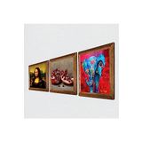 Pinecone Fil, Leonardo da Vinci Mona Lisa, Nar Taş Duvar Tablosu - Ahşap Çerçeveli Taş Tablo - 25x25 cm - 3 Parça Set - Dekoratif Duvar Sanatı - Modern Ev ve Ofis Duvar Dekoru W3-1434