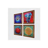 Pinecone Fil, Lotus Çiçeği, Hayat Ağacı, Nar Taş Duvar Tablosu - Ahşap Çerçeveli Taş Tablo - 25x25 cm - 4 Parça Set - Dekoratif Duvar Sanatı - Modern Ev ve Ofis Duvar Dekoru W4-862