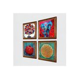 Pinecone Fil, Lotus Çiçeği, Nar Ağacı, Nar Taş Duvar Tablosu - Ahşap Çerçeveli Taş Tablo - 25x25 cm - 4 Parça Set - Dekoratif Duvar Sanatı - Modern Ev ve Ofis Duvar Dekoru W4-883