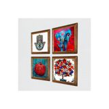Pinecone Fil, Nar Ağacı, Nar, Fatma Ana Eli (Hamsa) Taş Duvar Tablosu - Ahşap Çerçeveli Taş Tablo - 25x25 cm - 4 Parça Set - Dekoratif Duvar Sanatı - Modern Ev ve Ofis Duvar Dekoru W4-850