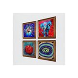 Pinecone Fil, Nazar, Hayat Ağacı, Nar Taş Duvar Tablosu - Ahşap Çerçeveli Taş Tablo - 25x25 cm - 4 Parça Set - Dekoratif Duvar Sanatı - Modern Ev ve Ofis Duvar Dekoru W4-865