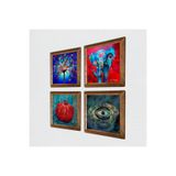 Pinecone Fil, Nazar, Hayat Ağacı, Nar Taş Duvar Tablosu - Ahşap Çerçeveli Taş Tablo - 25x25 cm - 4 Parça Set - Dekoratif Duvar Sanatı - Modern Ev ve Ofis Duvar Dekoru W4-866
