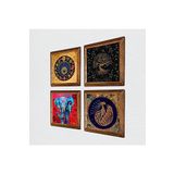 Pinecone Fil, Tavus Kuşu, Hayat Ağacı, Nazar Taş Duvar Tablosu - Ahşap Çerçeveli Taş Tablo - 25x25 cm - 4 Parça Set - Dekoratif Duvar Sanatı - Modern Ev ve Ofis Duvar Dekoru W4-309