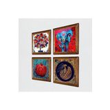Pinecone Fil, Tavus Kuşu, Nar Ağacı, Nar Taş Duvar Tablosu - Ahşap Çerçeveli Taş Tablo - 25x25 cm - 4 Parça Set - Dekoratif Duvar Sanatı - Modern Ev ve Ofis Duvar Dekoru W4-882