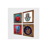 Pinecone Fil, Tavus Kuşu, Nar, Fatma Ana Eli (Hamsa) Taş Duvar Tablosu - Ahşap Çerçeveli Taş Tablo - 25x25 cm - 4 Parça Set - Dekoratif Duvar Sanatı - Modern Ev ve Ofis Duvar Dekoru W4-292