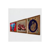 Pinecone Fil, Tavus Kuşu, Nar Taş Duvar Tablosu - Ahşap Çerçeveli Taş Tablo - 25x25 cm - 3 Parça Set - Dekoratif Duvar Sanatı - Modern Ev ve Ofis Duvar Dekoru W3-1663