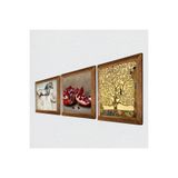 Pinecone Gustav Klimt Hayat Ağacı, Leonardo da Vinci At Heykeli, Nar Taş Duvar Tablosu - Ahşap Çerçeveli Taş Tablo - 25x25 cm - 3 Parça Set - Dekoratif Duvar Sanatı - Modern Ev Duvar Dekoru W3-1287