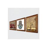 Pinecone Gustav Klimt Hayat Ağacı, Nar, Fatma Ana Eli (Hamsa) Taş Duvar Tablosu - Ahşap Çerçeveli Taş Tablo - 25x25 cm - 3 Parça Set - Dekoratif Duvar Sanatı - Modern Ev ve Ofis Duvar Dekoru W3-711