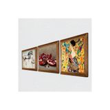 Pinecone Gustav Klimt Yelpazeli Kadın, Da Vinci At Heykeli, Nar Taş Duvar Tablosu - Ahşap Çerçeveli Taş Tablo - 25x25 cm - 3 Parça Set - Dekoratif Duvar Sanatı - Modern Ev Duvar Dekoru W3-1339